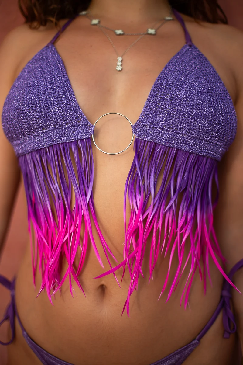 The Alata Set with purple crochet and hand finished pink feathers