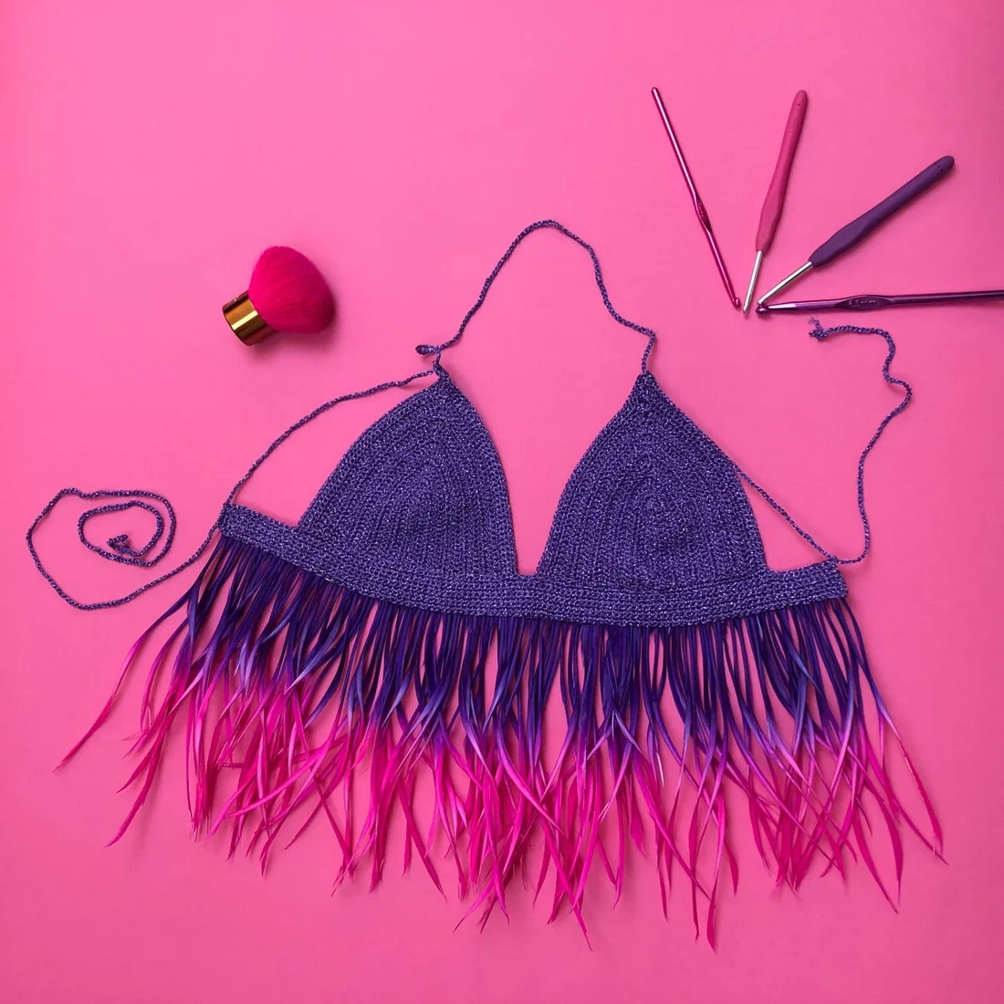 Marlene’s Mariposa crochet creation with hand-painted feathers